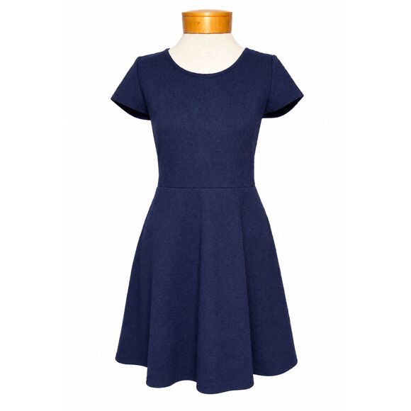 Prince & Fox Dresses & Skirts - Prince & Fox Navy Blue Textured Fit Flare Skater Dress L Cap Sleeve Stretch Mini